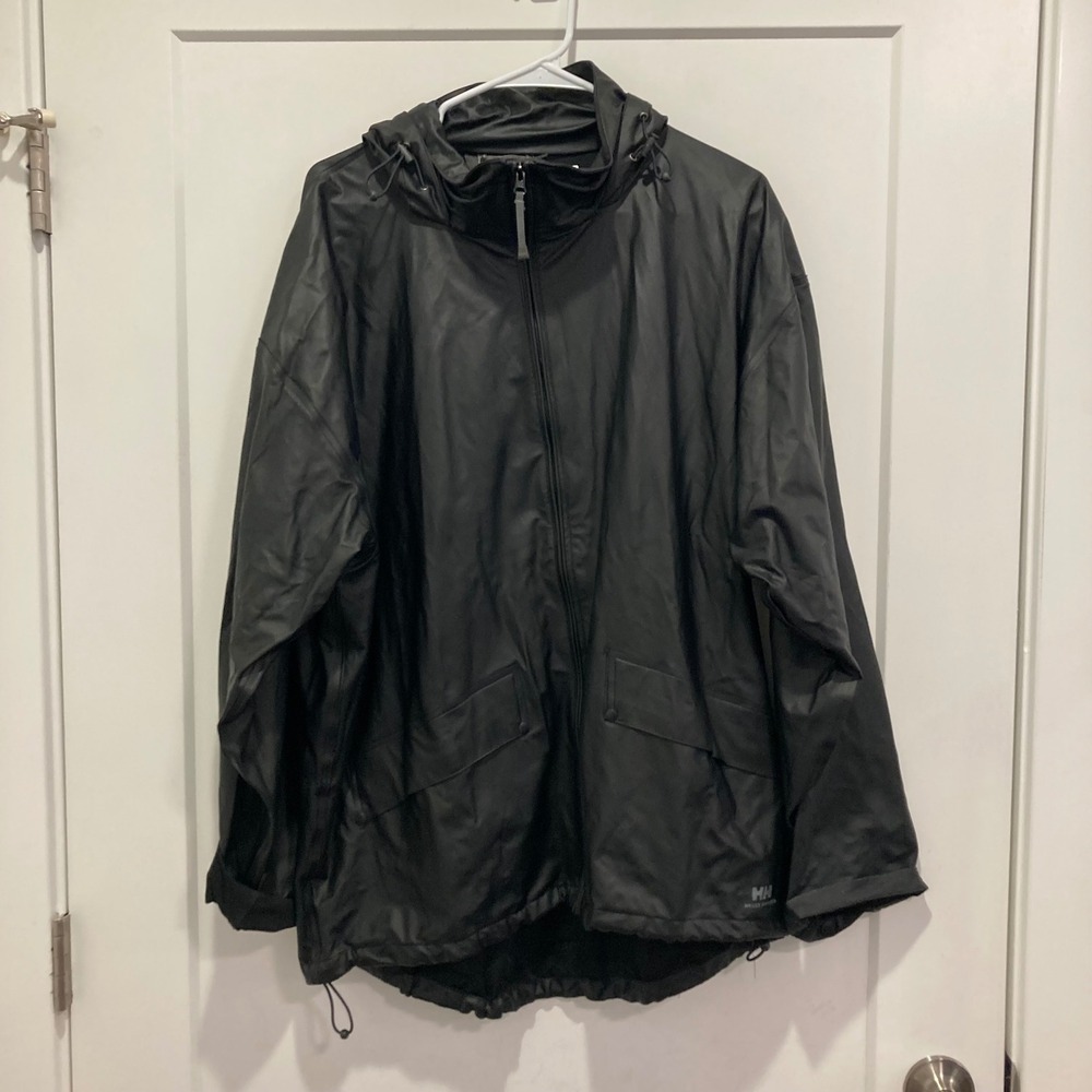 Helly Hansen Mens XL Black Waterproof Hooded Rain Jacket Full Zip Shell
